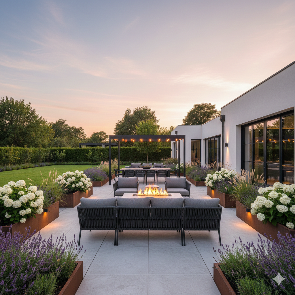 Moderner Garten mit Terrasse, Bepflanzung und Abendlicht